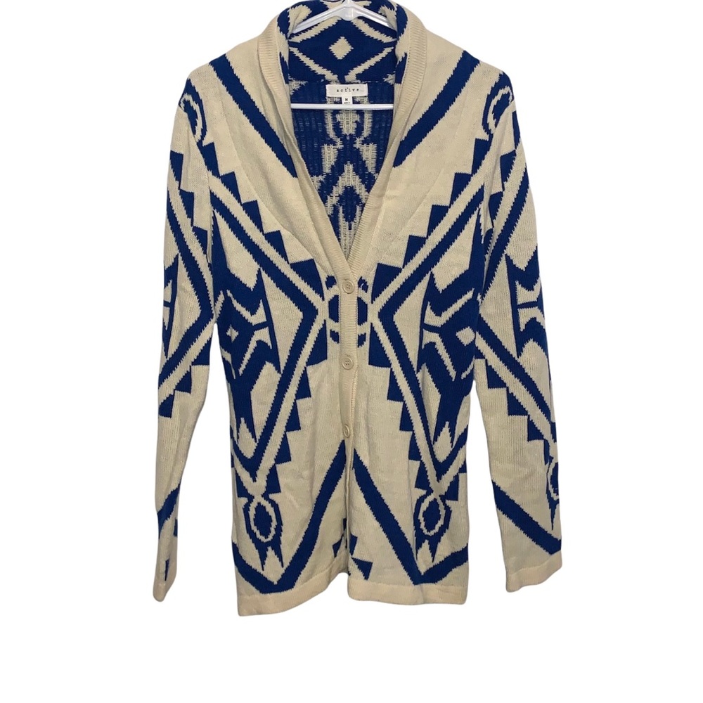 Active Aztec Print Cobalt Blue and Cream Duster Cardigan Sweater Size Medium